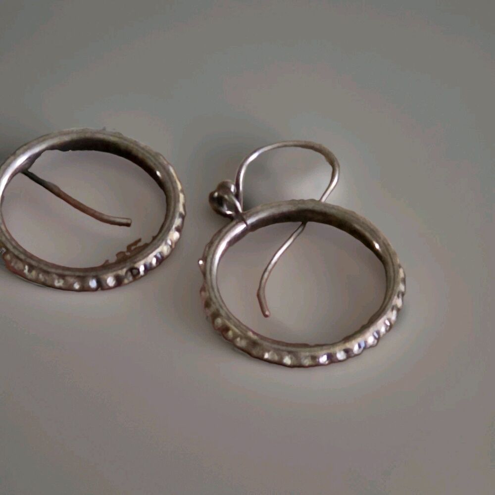 Silver Tone Open Circle Hoop Dangle Earrings Clear Crystal Pave Wire Hook Drop